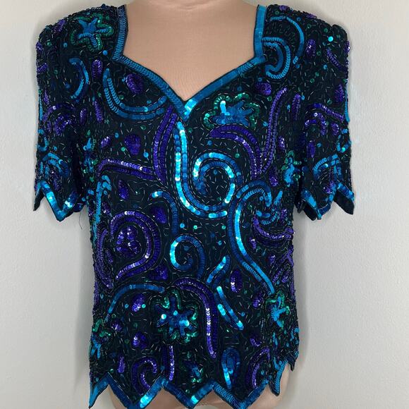 Vtg Laurence Kazar Evening Top Large Beaded Sequin Party Silk 80s Scalloped New - Picture 1 of 9